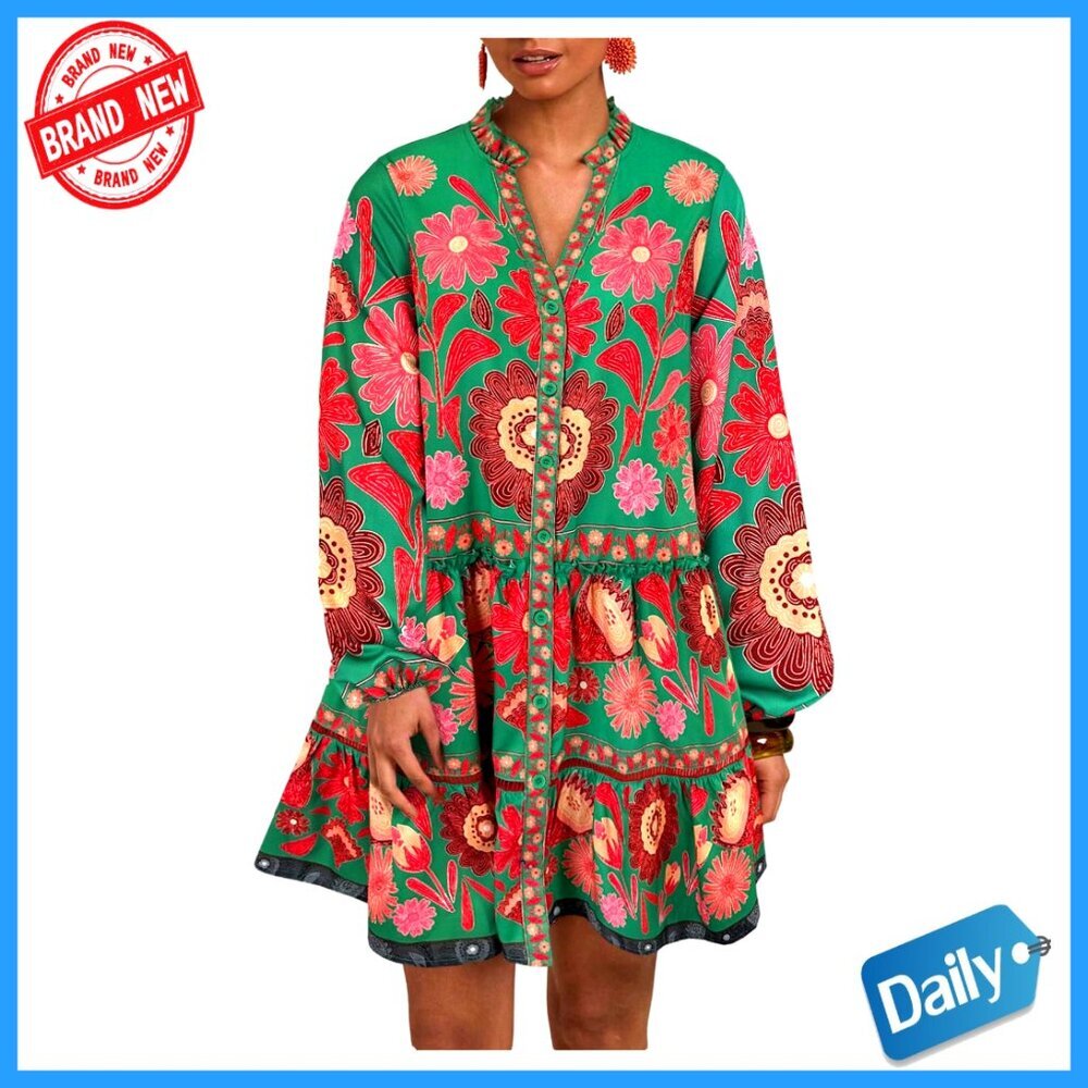 Floral Print Summer Dress Boho Beach Long Sleeve Button Down Smock Casual